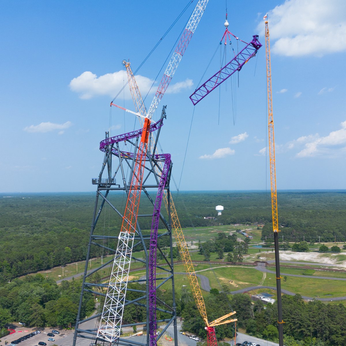 Purple Project Purple coaster track and construction cranes at Six Flags Great Adventure