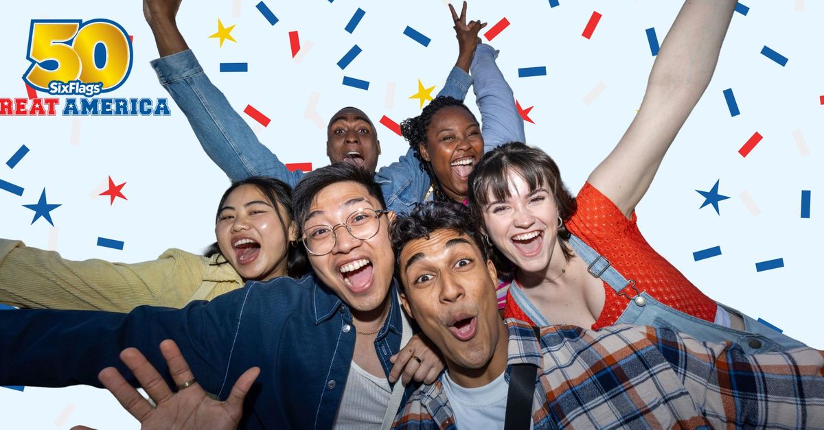 Six Flags Great America 50th anniversary artwork with guests celebrating