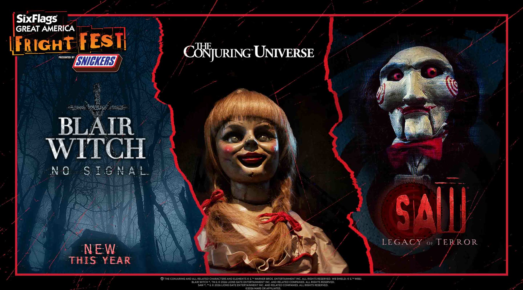 Six Flags Great America Fright Fest artwork for Blair Witch, The Conjuring Universe and SAW