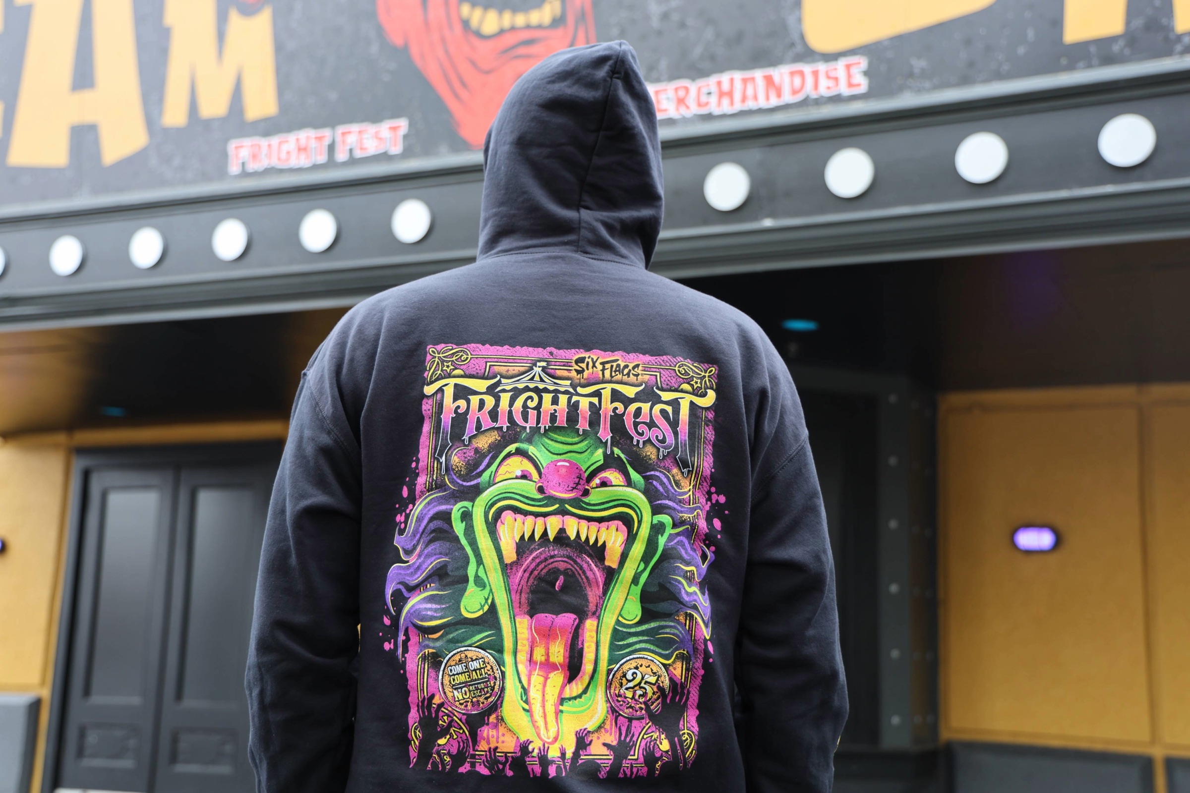 Fright Fest merchandise on a sweatshirt outside Six Flags Great America's merchandise shop