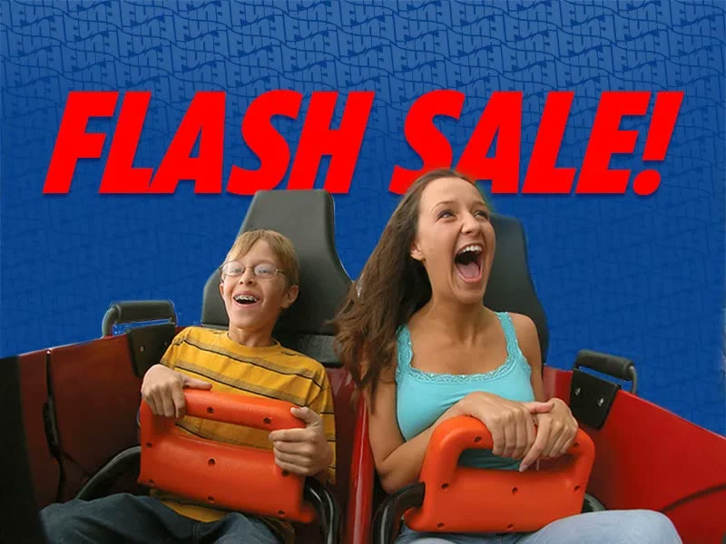 Six Flags flash sale artwork with coaster riders