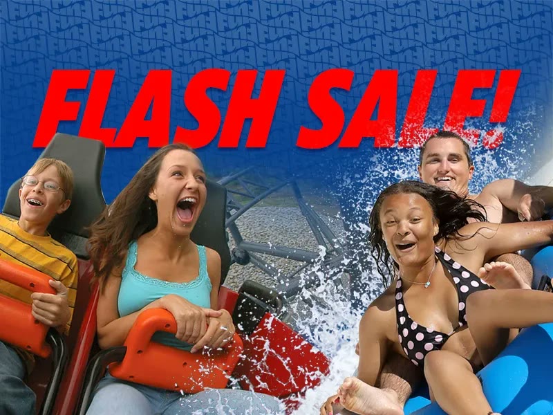 Six Flags flash sale artwork with coaster riders and water park riders