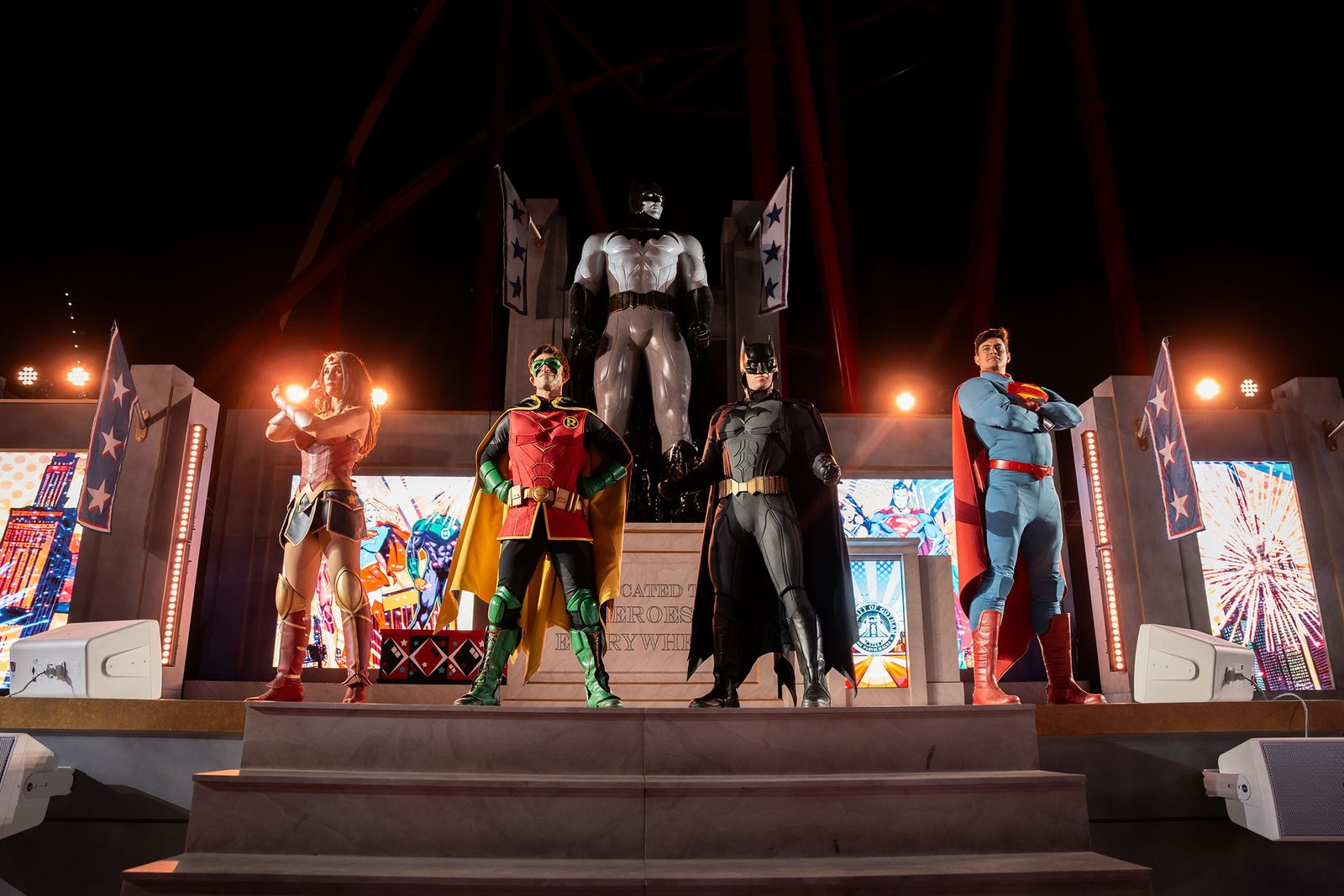 DC characters pose at Six Flags Magic Mountain for DC Heroes and Villains Fest