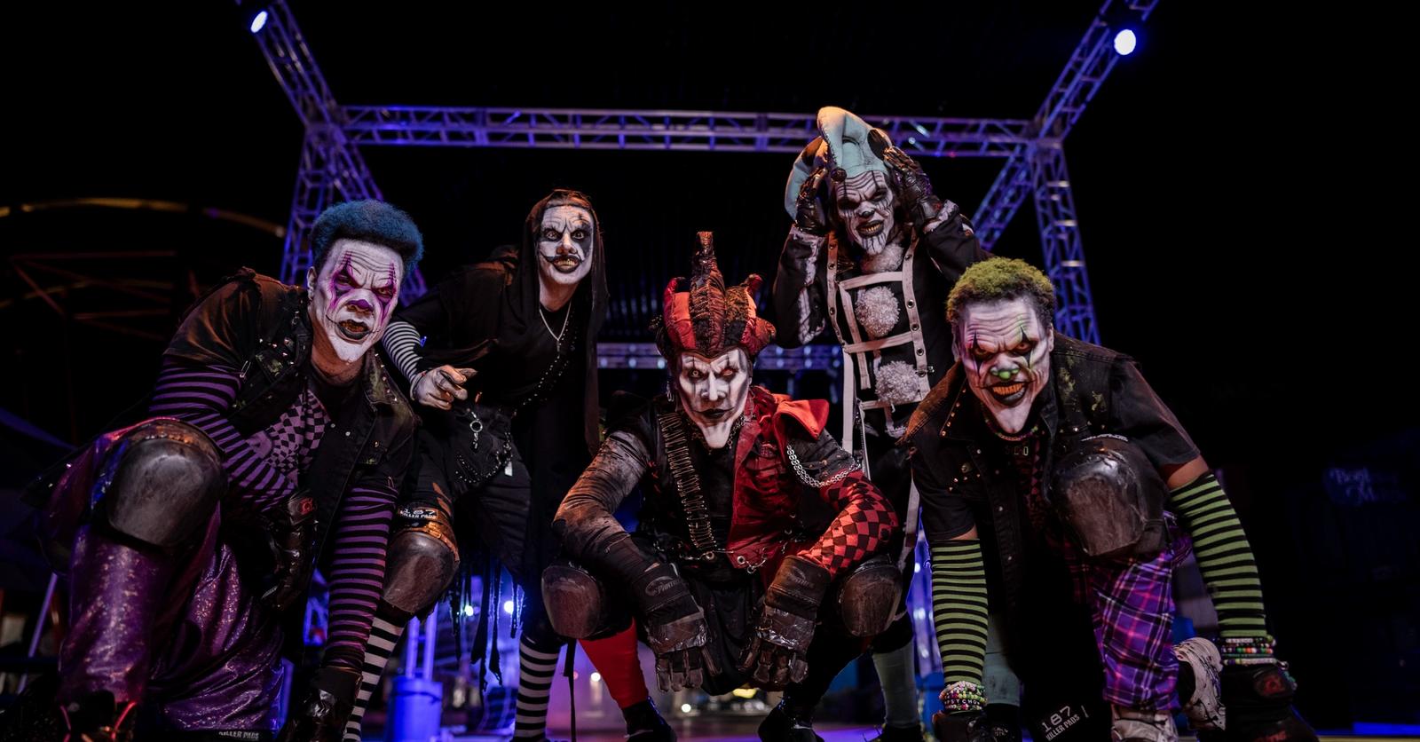 Fright Fest performers in makeup under stage lights at Six Flags Magic Mountain