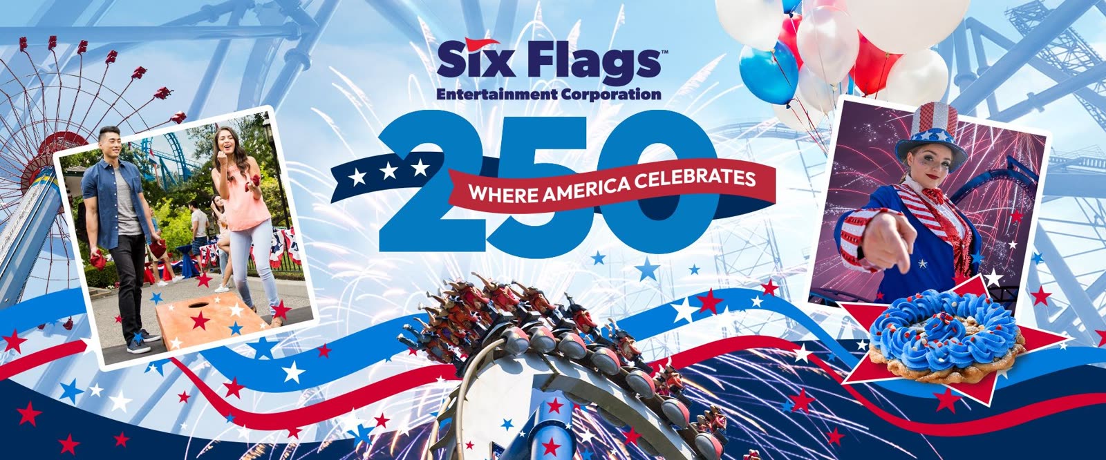 Six Flags America 250 event artwork with a coaster, fireworks, food, balloons, and patriotic performers