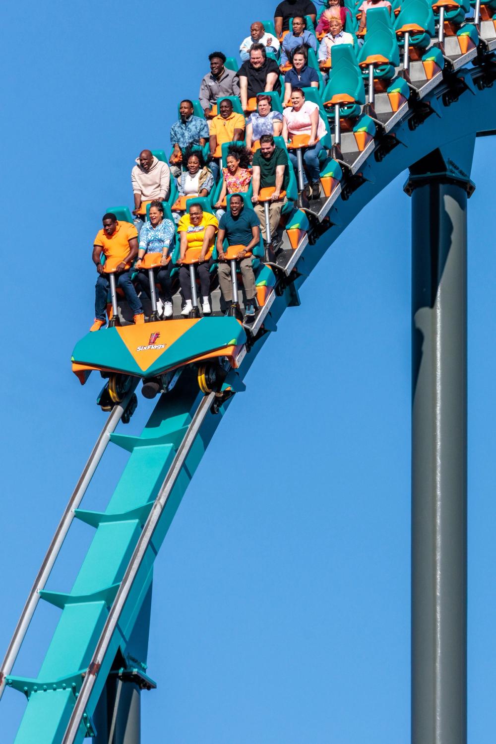 Six Flags Over Georgia coaster train on a blue track