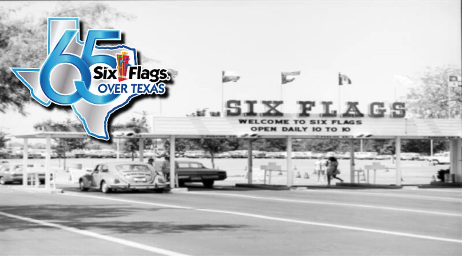 Six Flags Over Texas 65th anniversary logo over a historic photograph of the park entrance