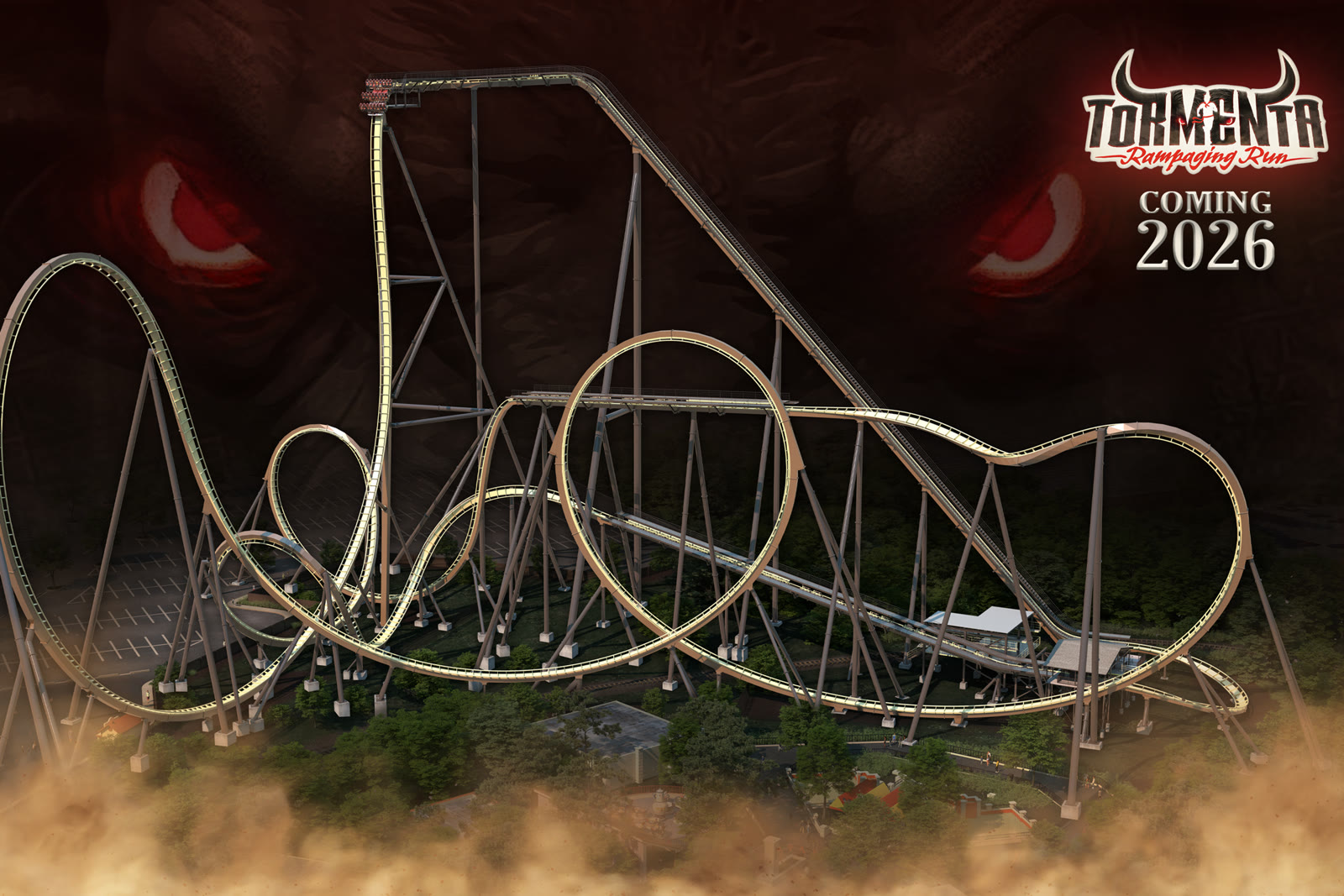 Official Tormenta Rampaging Run rendering with the coaster layout and ride logo at Six Flags Over Texas