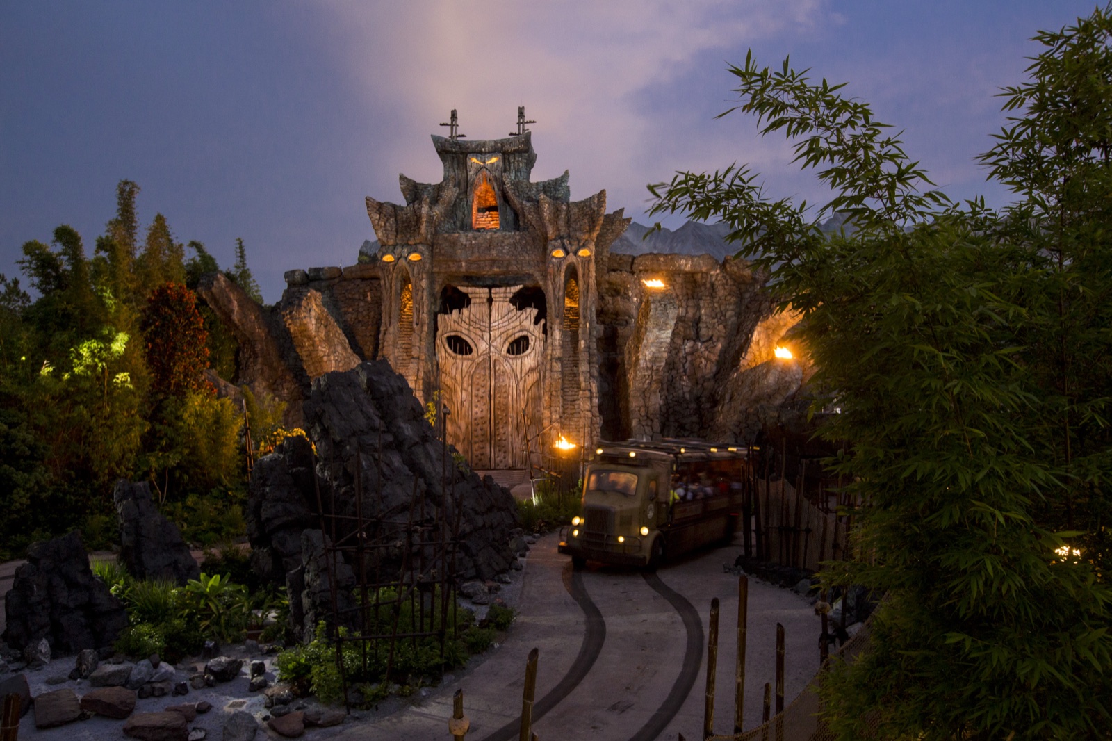 File photo: a ride vehicle passing the Skull Island gates.