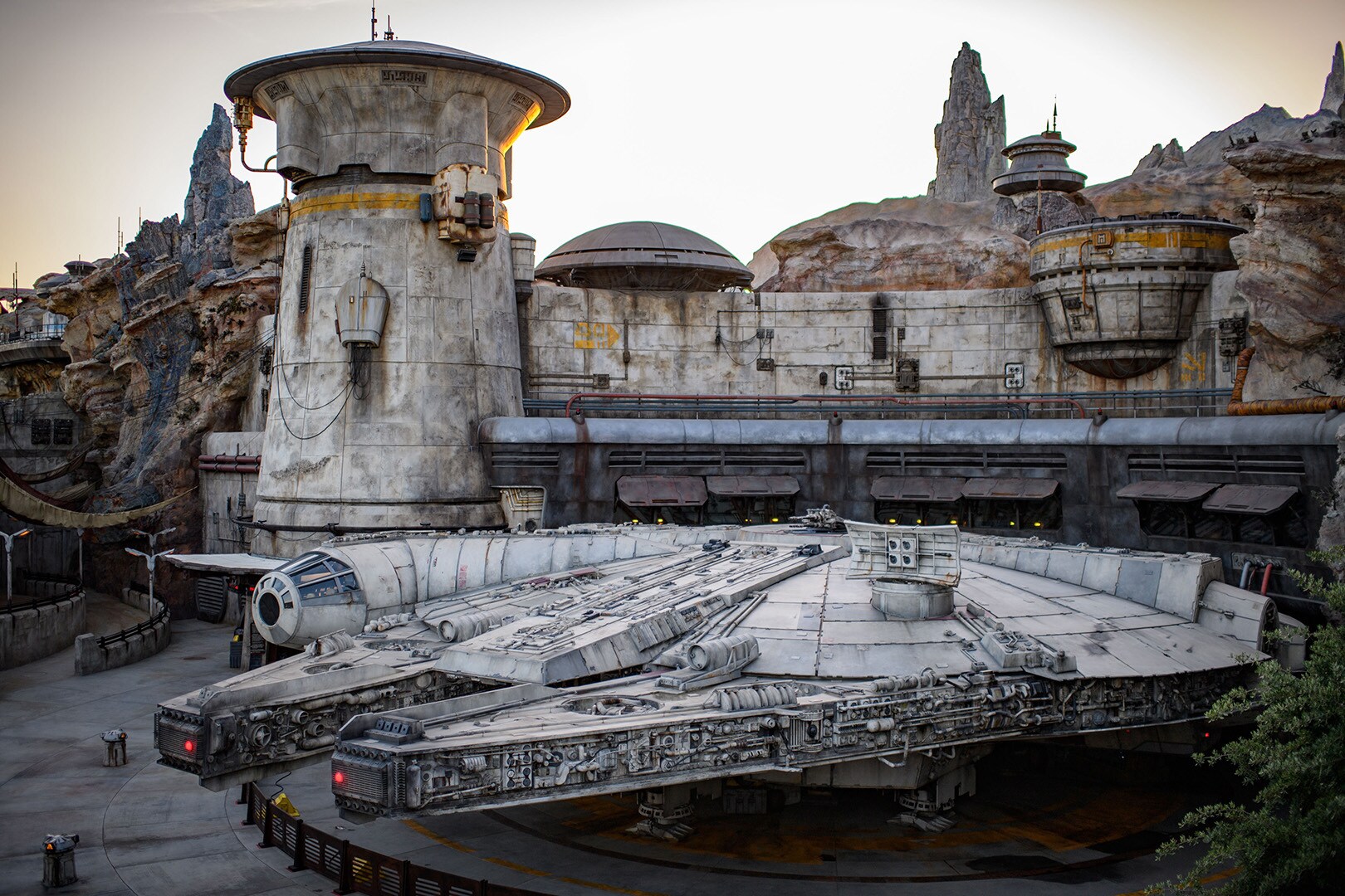 The Millennium Falcon parked in Star Wars Galaxy's Edge
