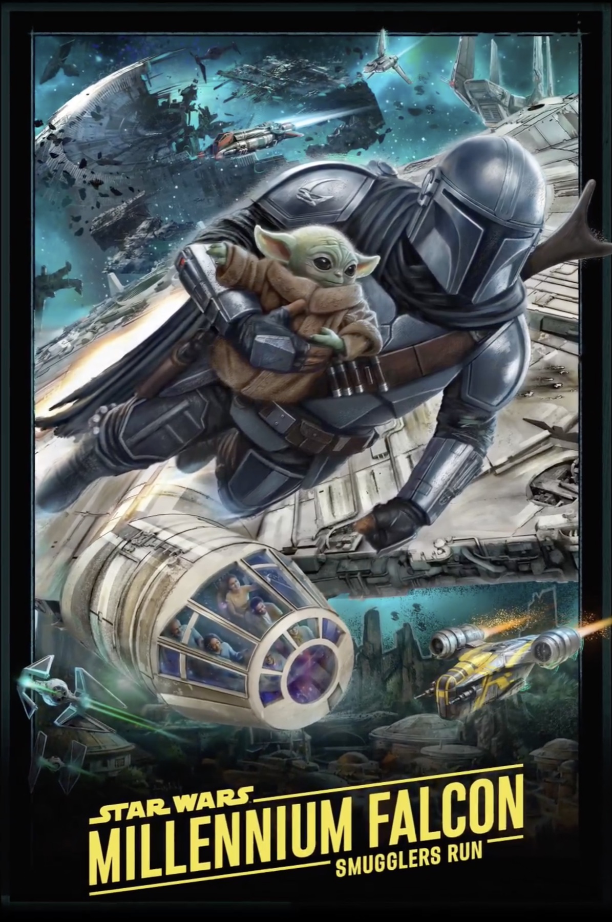 Millennium Falcon: Smugglers Run poster artwork featuring the Mandalorian, Grogu, and the Millennium Falcon