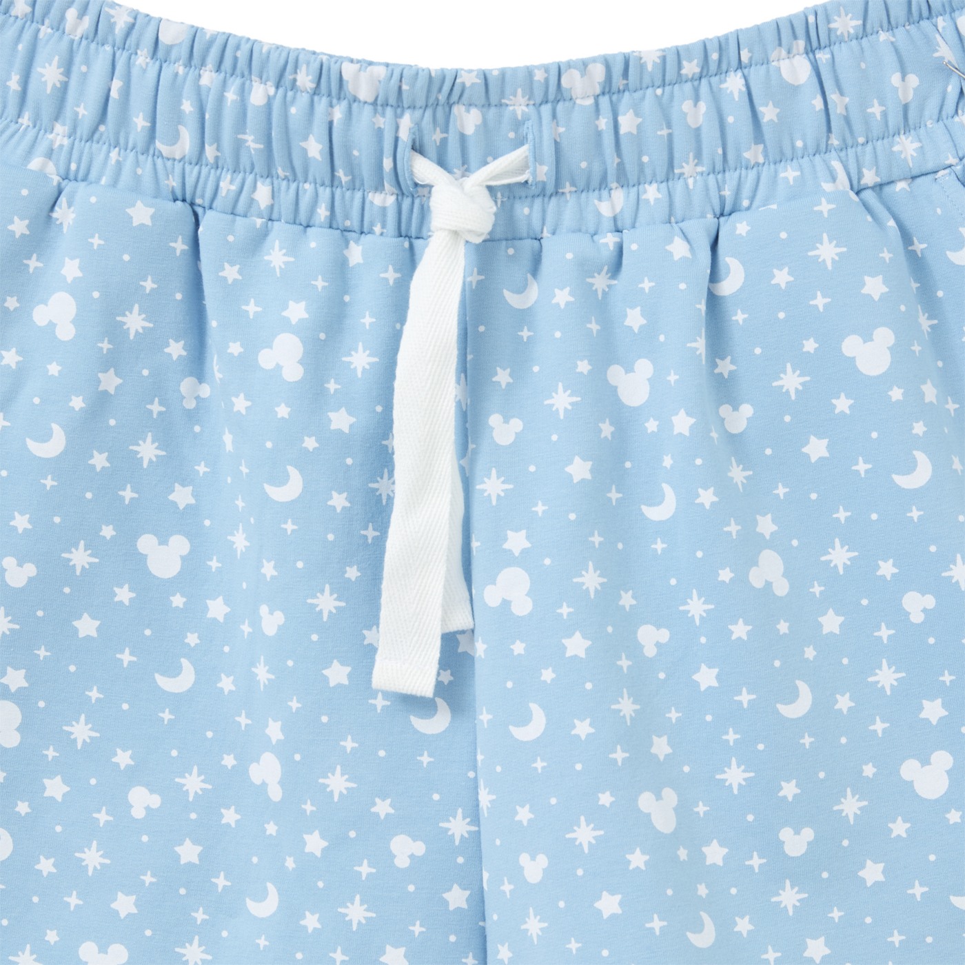 Elastic waistband and white drawstring on the Sorcerer Mickey shorts