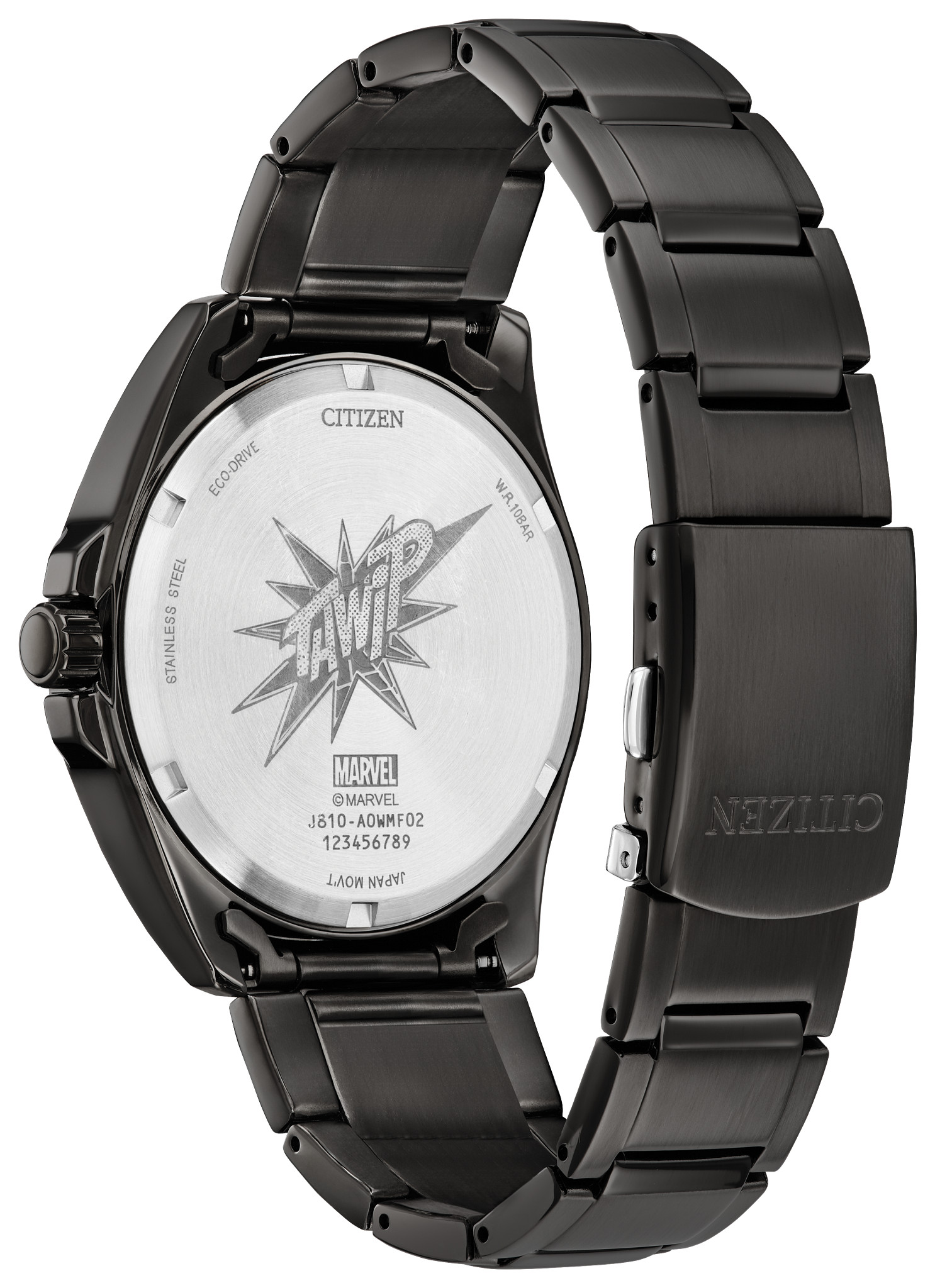Back of the Citizen Spider-Man watch with a THWIP engraving