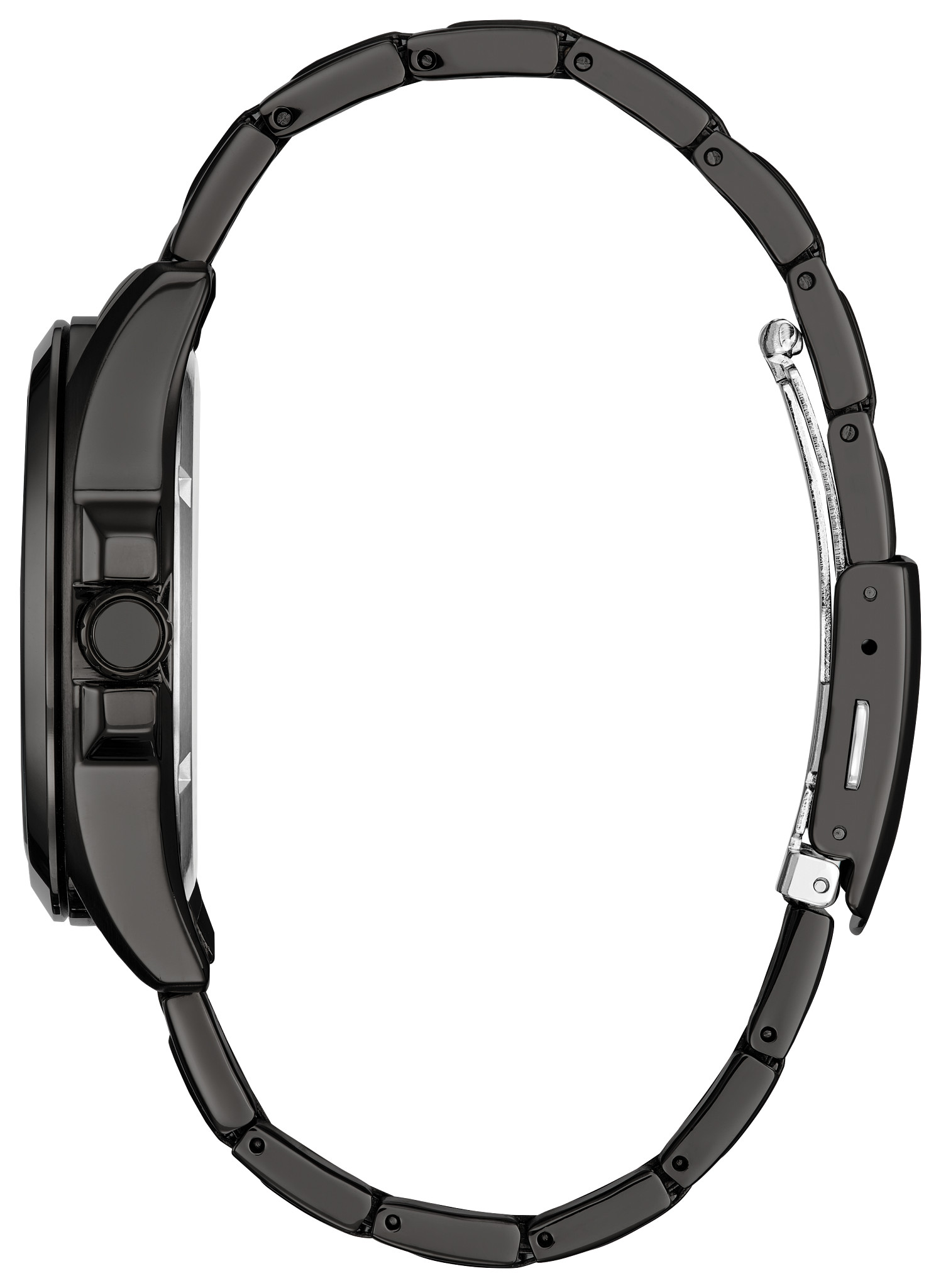 Side view of the gray Citizen Spider-Man watch case and bracelet