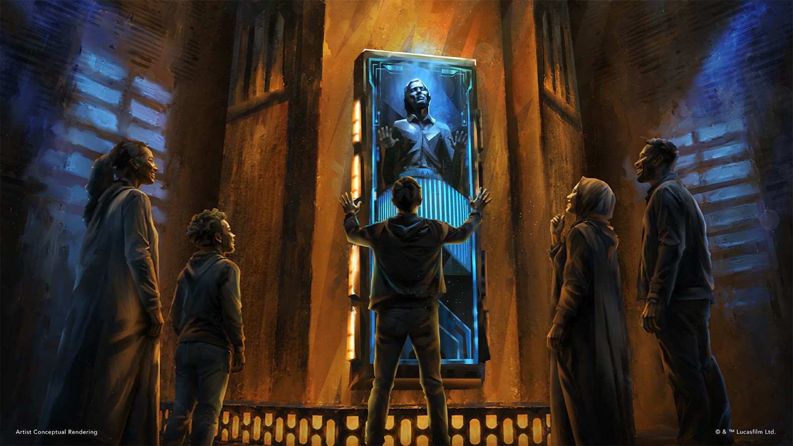 Concept rendering of a visitor using the Carbon Freeze Capture exhibit beside Han Solo in carbonite