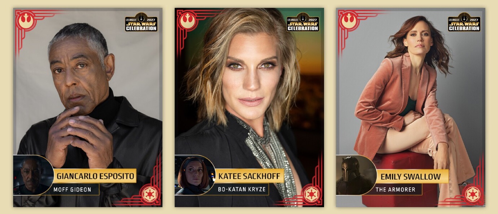 Giancarlo Esposito, Katee Sackhoff and Emily Swallow in a Star Wars Celebration guest graphic