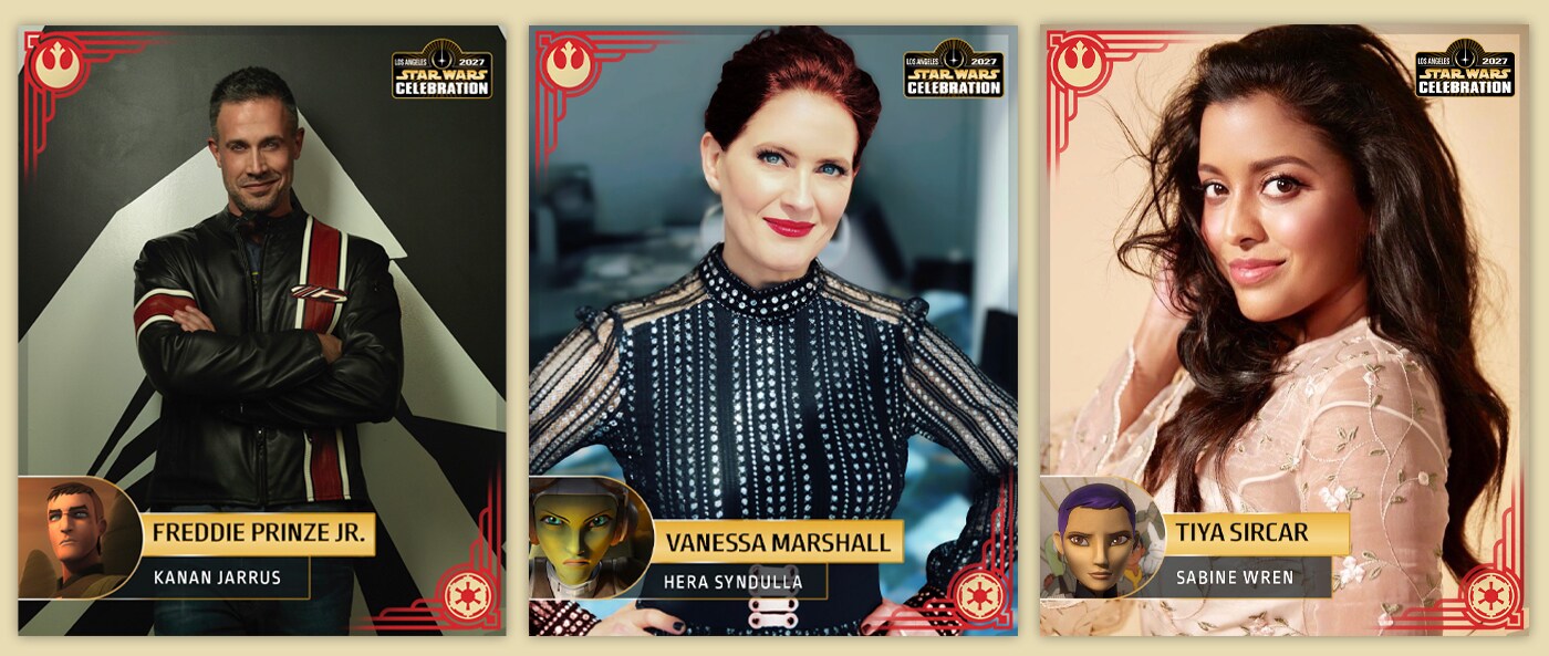 Freddie Prinze Jr., Vanessa Marshall and Tiya Sircar in a Star Wars Celebration 2027 guest graphic