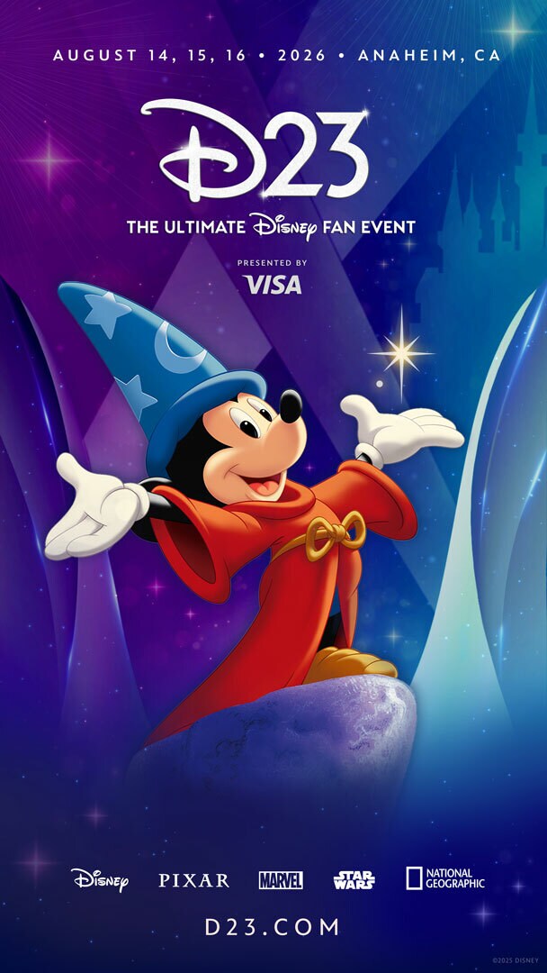 D23 2026 event artwork with Sorcerer Mickey and the August 14 through 16 dates