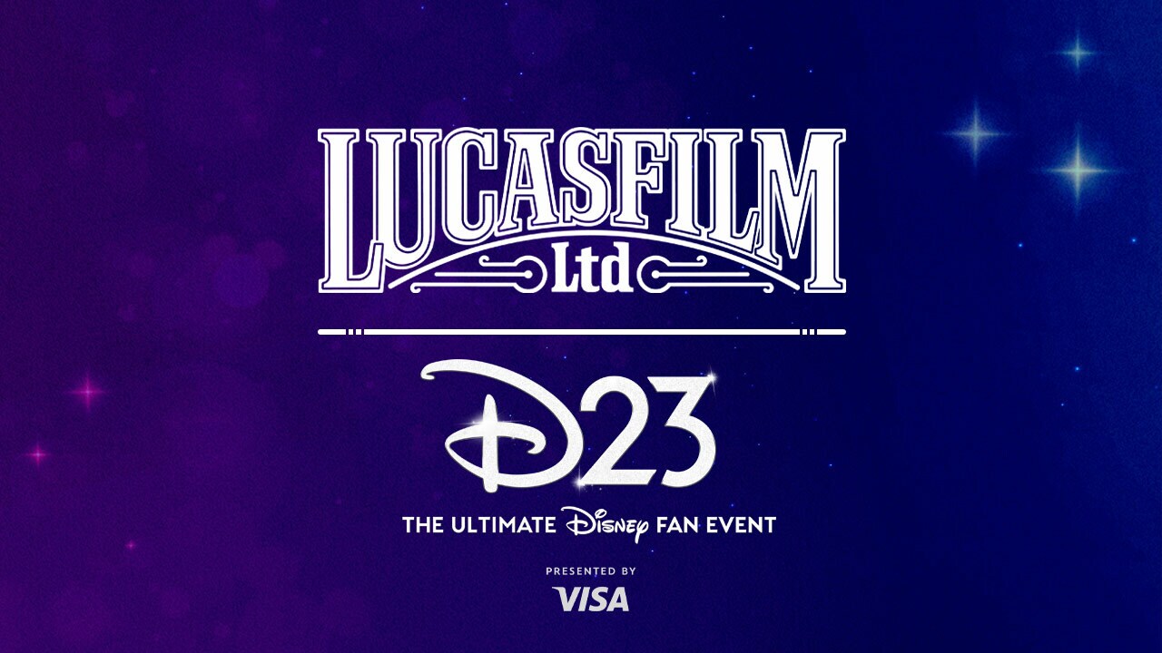 Lucasfilm and D23 logos on a blue and purple background