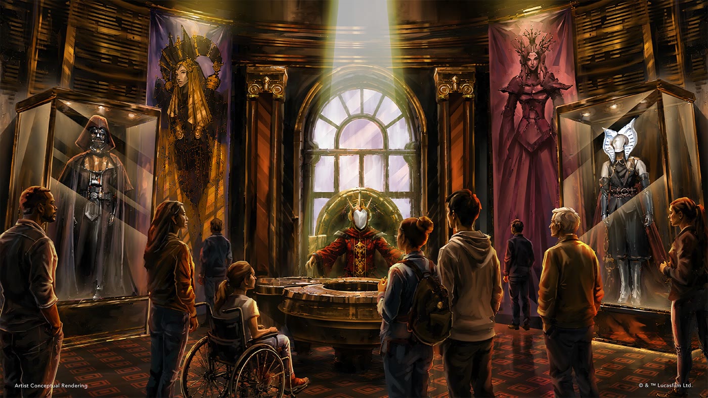 Concept rendering of Queen Amidala's throne room gallery with costumes and visitors
