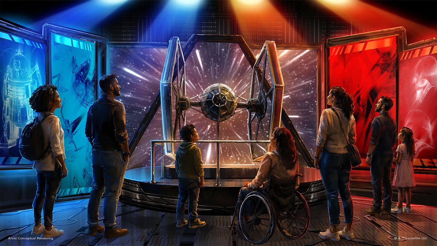 Concept rendering of visitors viewing a wireframe TIE fighter in the Wireframe Worlds gallery