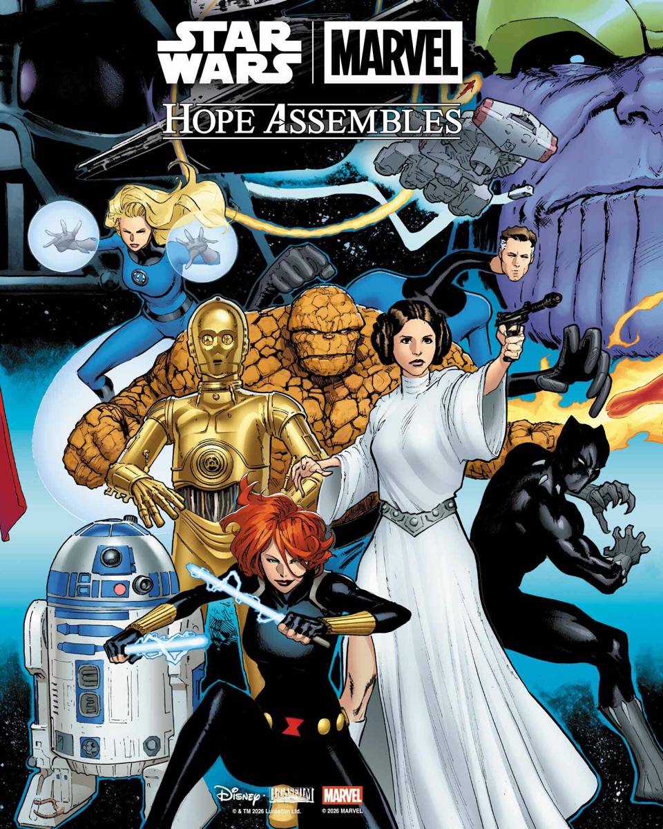 Princess Leia, Thor, the Thing, Black Widow and R2-D2 on a Hope Assembles cover