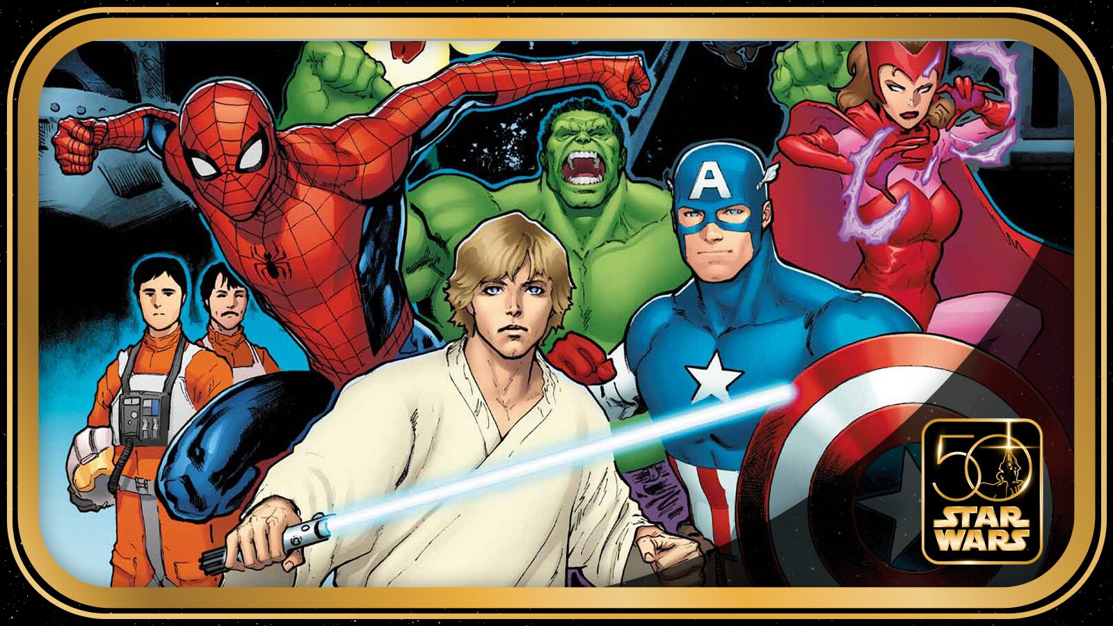 Luke Skywalker stands with Spider-Man, Hulk, Captain America and Scarlet Witch