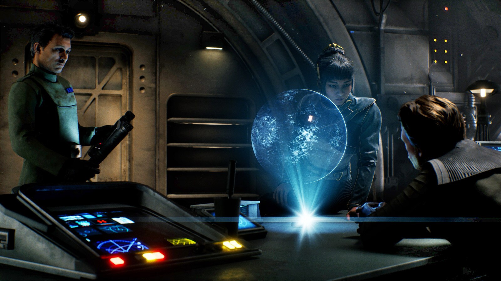A Star Wars Zero Company squad studies a holographic map aboard its ship