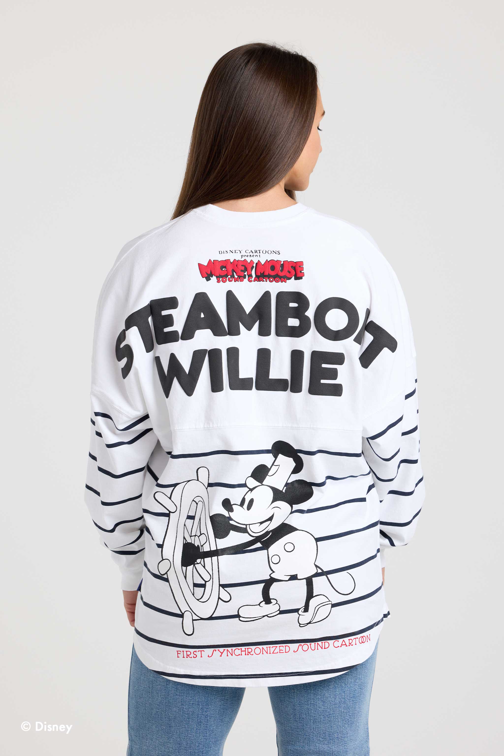Back of the striped Steamboat Willie Spirit Jersey on a model