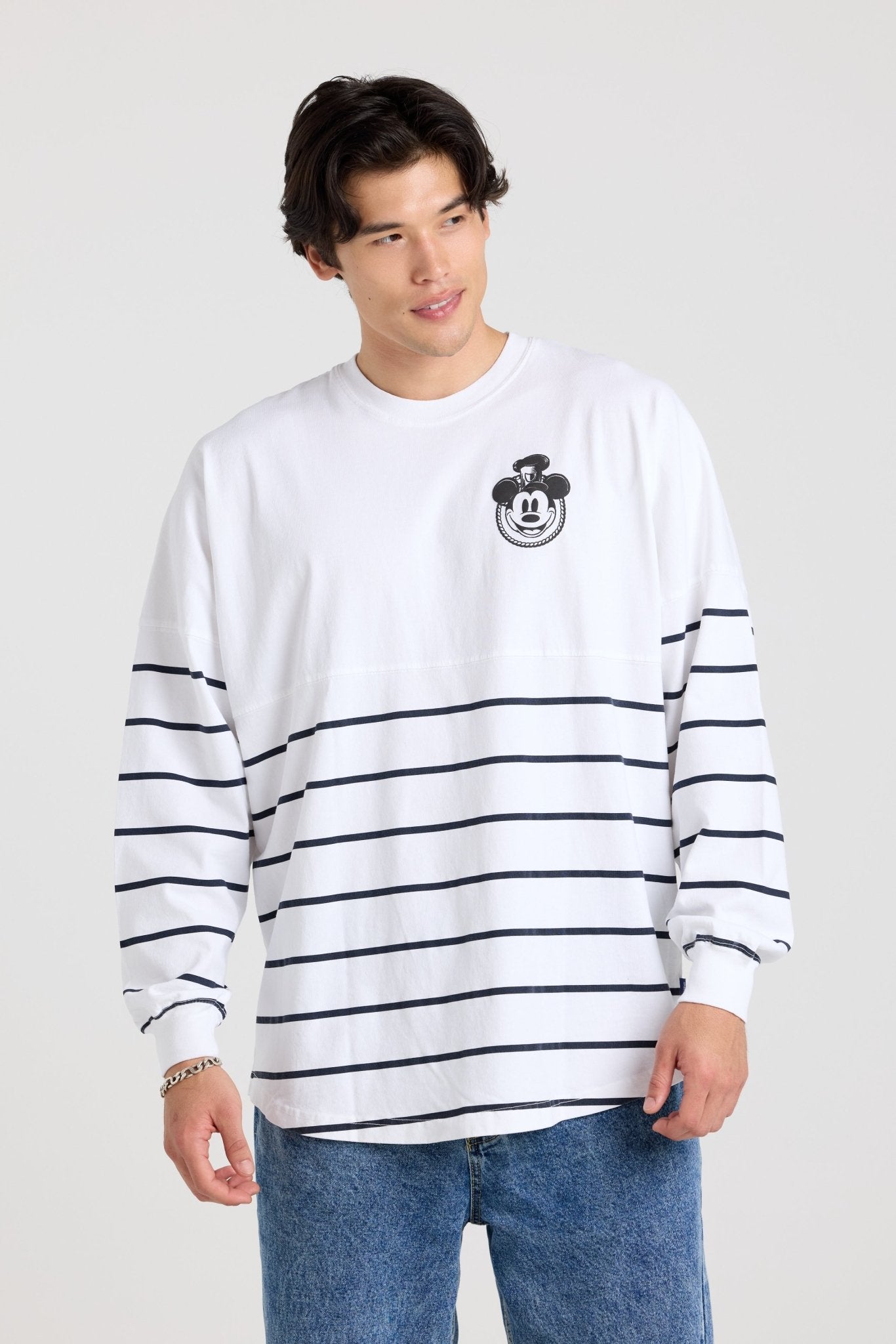 Front of the striped Steamboat Willie Spirit Jersey on a model