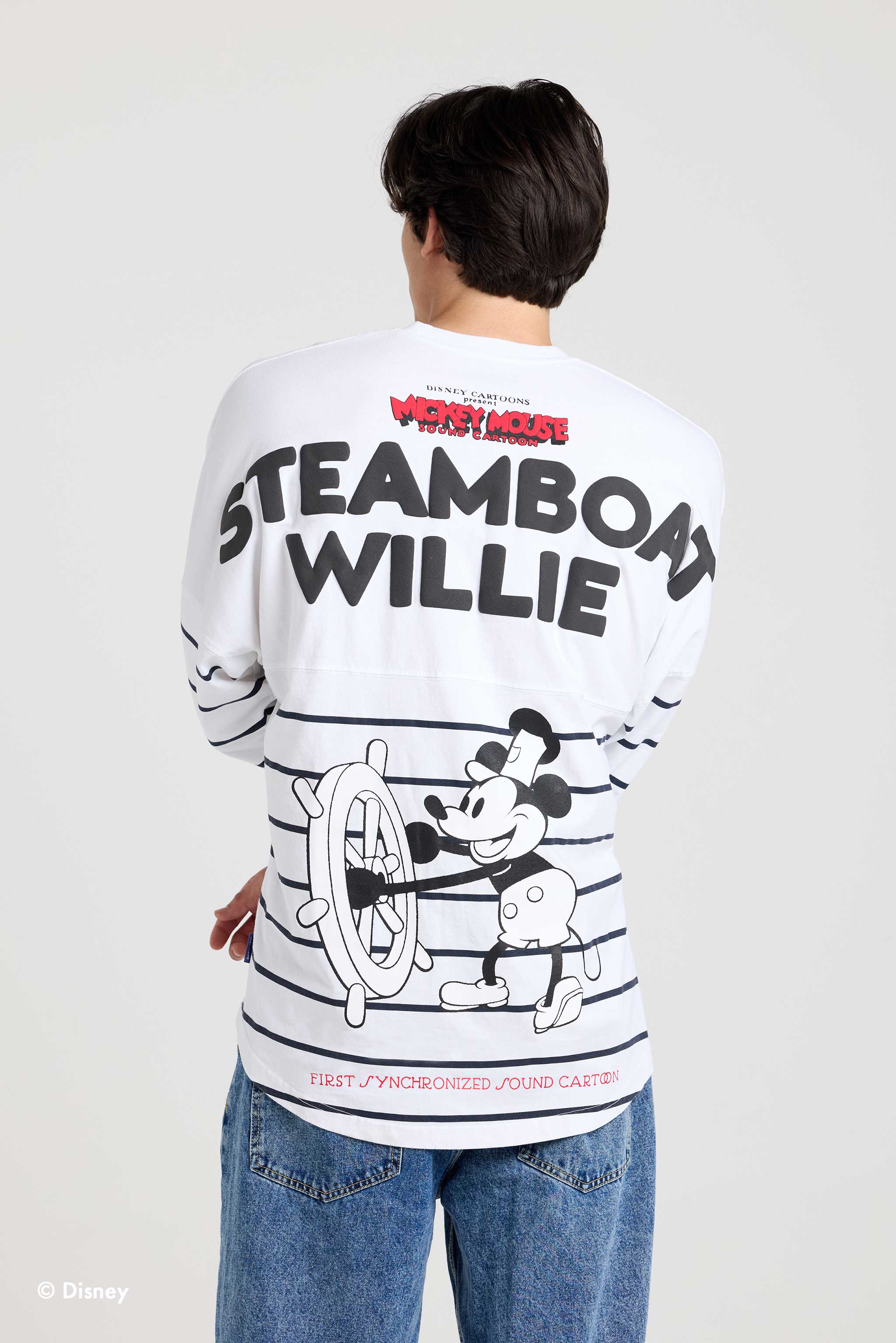 Full Steamboat Willie back graphic on the striped Spirit Jersey