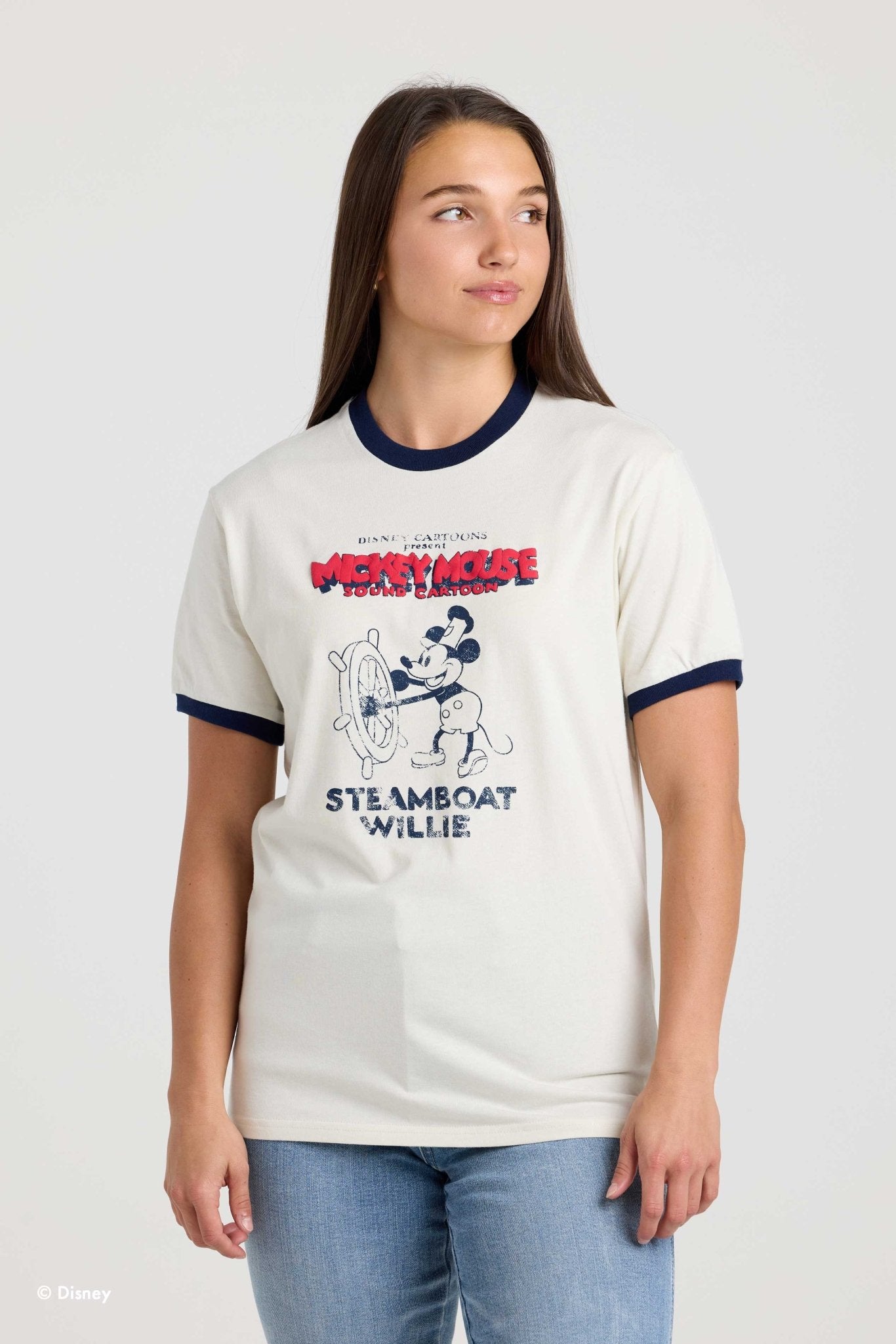 Front of the Steamboat Willie ringer tee on a model