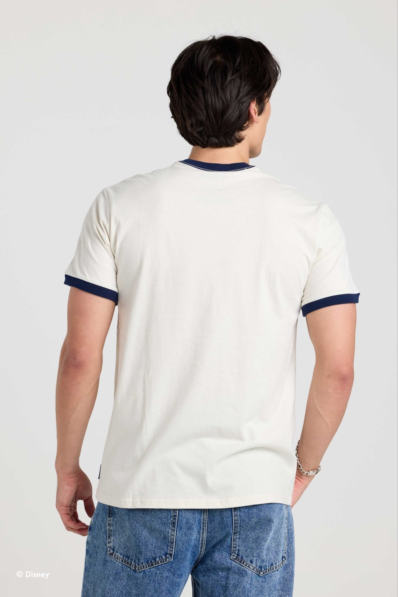 Back of the Steamboat Willie ringer tee on a model