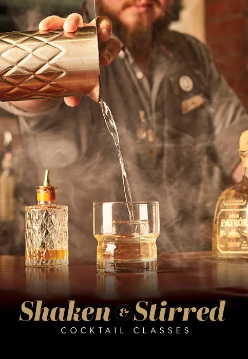 The Edison’s Shaken and Stirred cocktail class promotional image, showing a bartender pouring a drink.