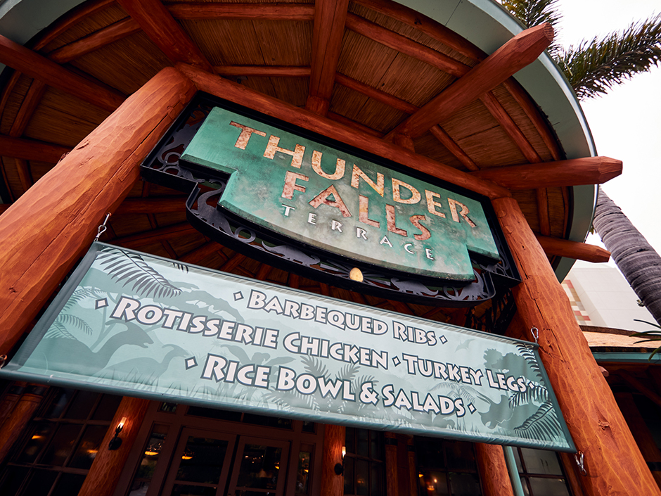 The Thunder Falls Terrace sign and menu board at Universal Islands of Adventure