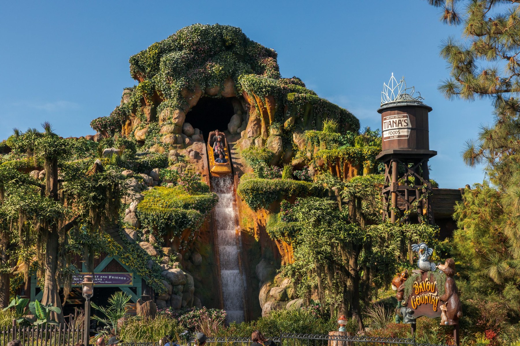 Tiana's Bayou Adventure exterior at Disneyland Resort with the final drop in view