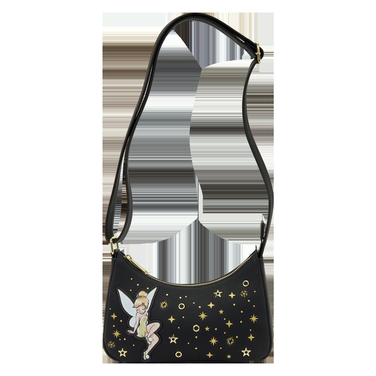 Full front view of the Tinker Bell Pixie Dust crossbody bag and strap