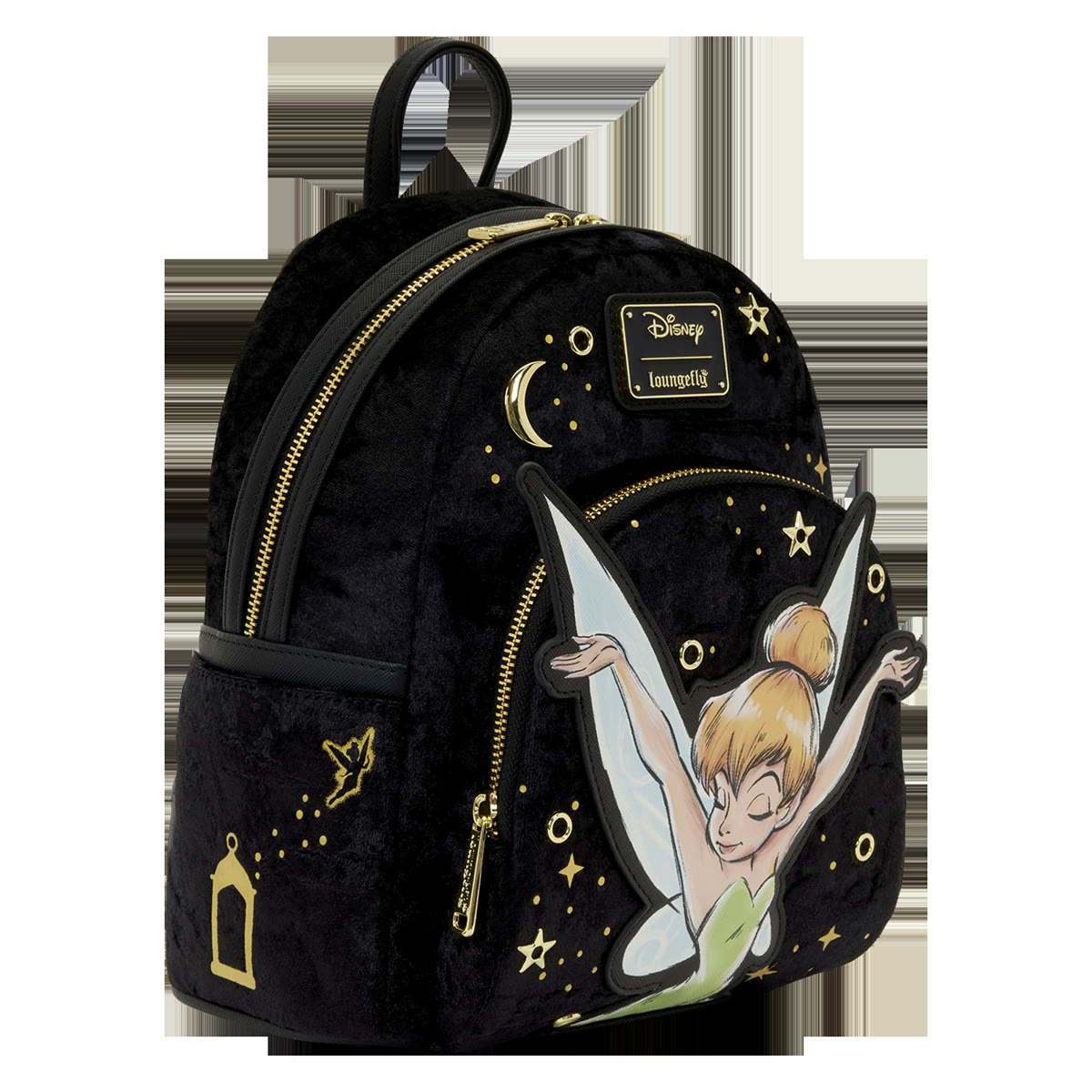 Angled view of the Tinker Bell Pixie Dust velvet mini backpack