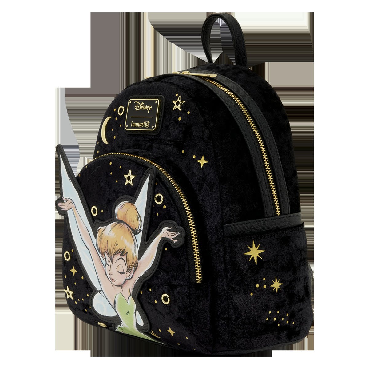 Side view of the Tinker Bell Pixie Dust velvet mini backpack