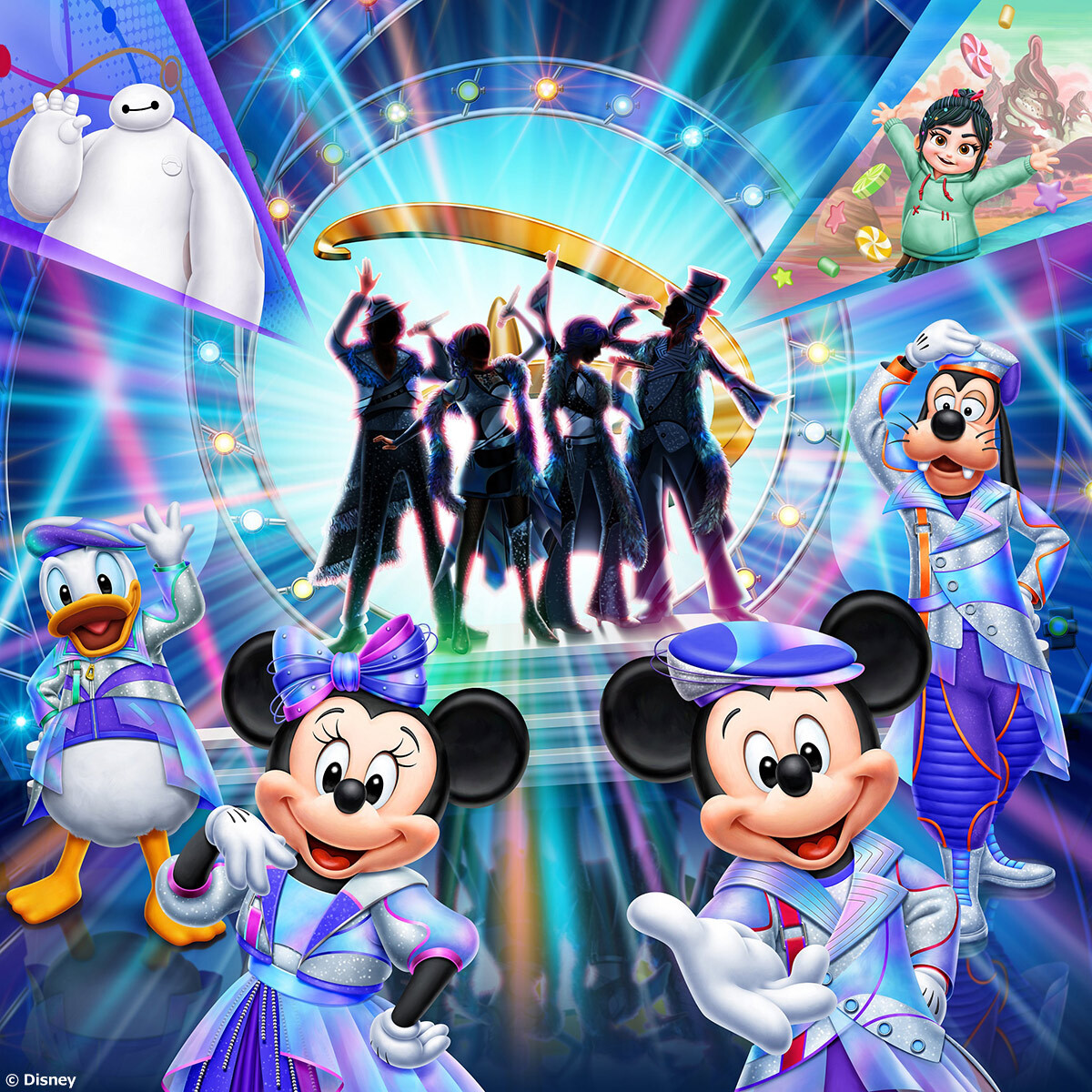 Mickey, Minnie, Donald, Goofy, Baymax and Vanellope around the D-Groovationz4 stage