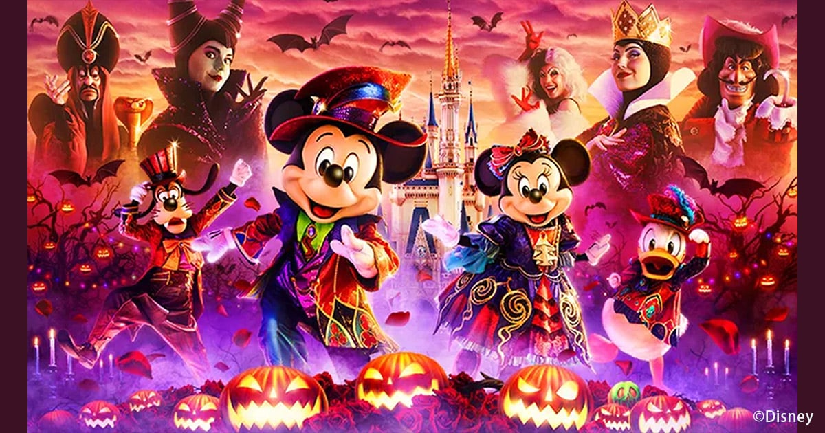 Mickey Mouse, Minnie Mouse, and Disney villains in Tokyo Disneyland Halloween costumes