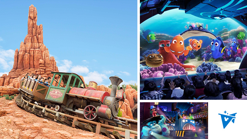 Tokyo Disney Resort Priority Pass artwork with Big Thunder Mountain, Turtle Talk, and Monsters Inc. Ride & Go Seek
