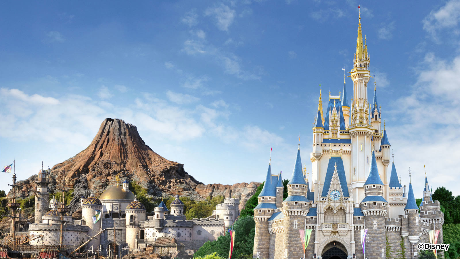 Tokyo Disneyland castle and Tokyo DisneySea Mount Prometheus official Tokyo Disney Resort image