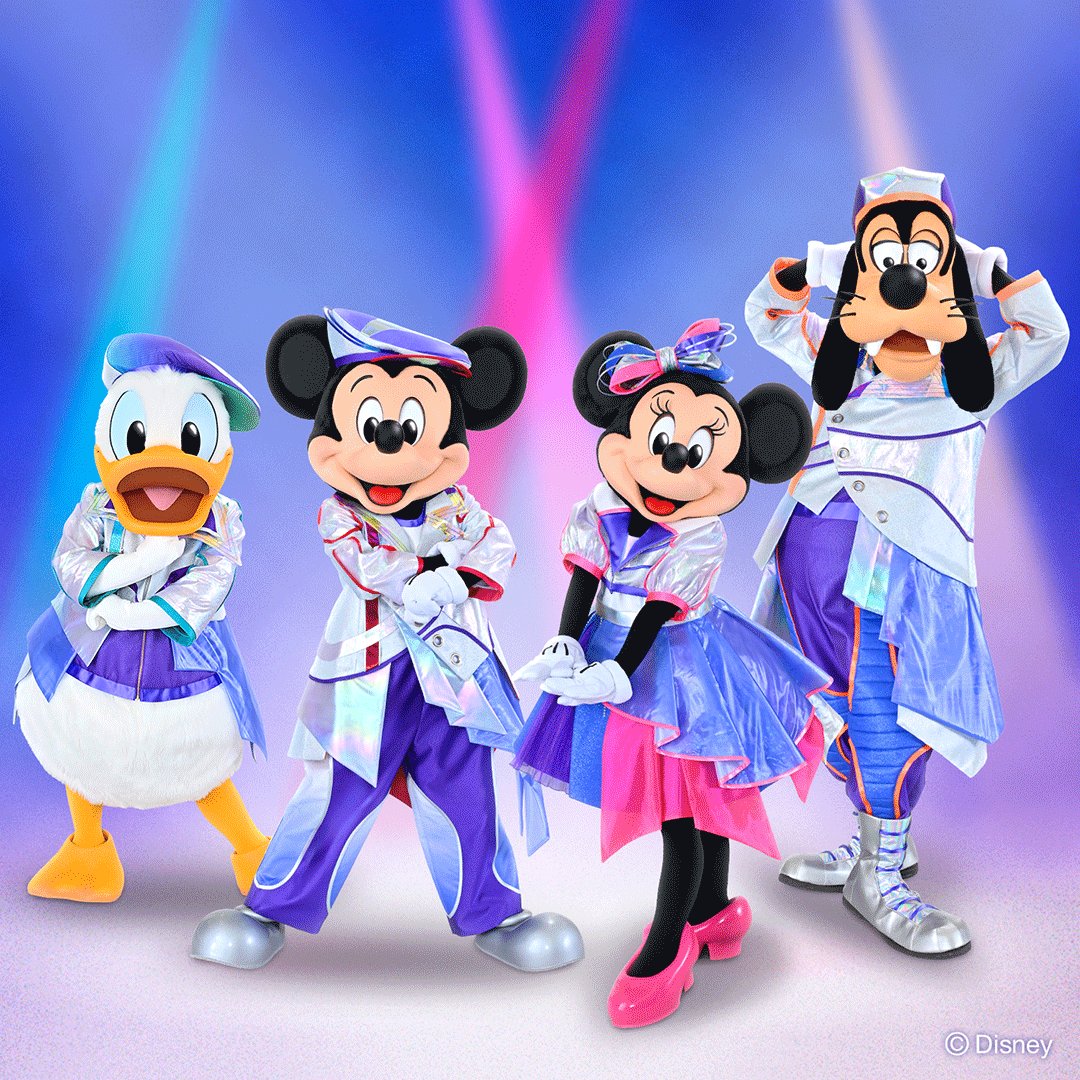 Mickey, Minnie, Donald and Goofy wearing the new D-Groovationz4 costumes