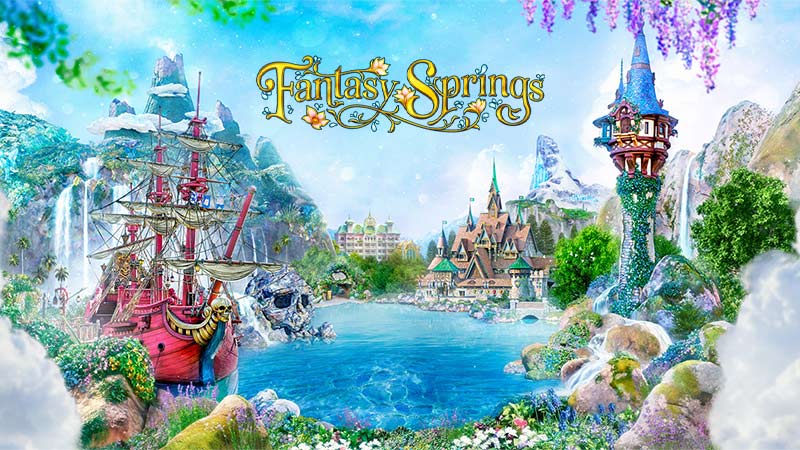Official Tokyo Disney Resort Fantasy Springs artwork with Rapunzel's tower, Frozen Kingdom, and Peter Pan's Never Land