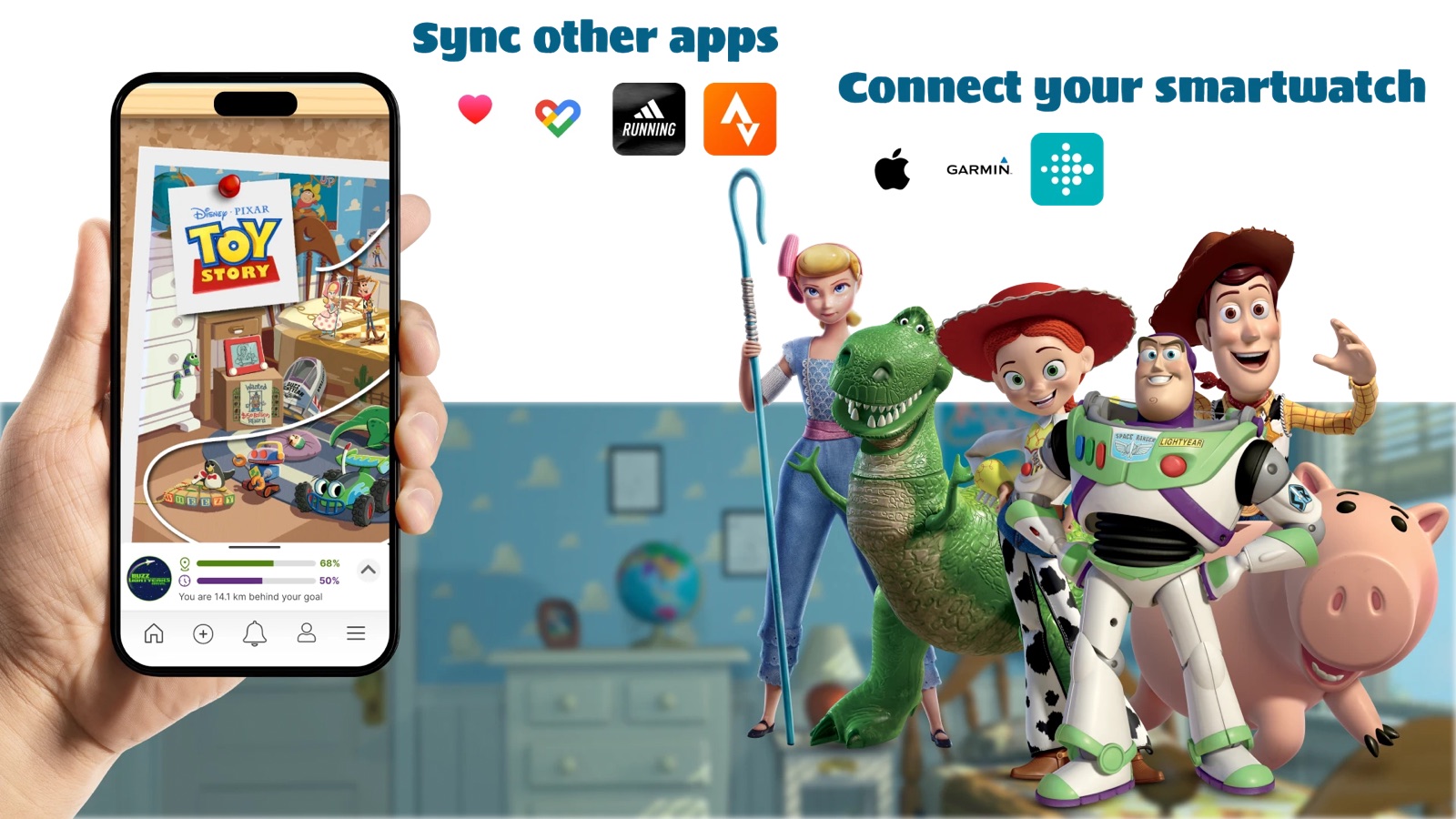 The Conqueror app showing a Toy Story route map and progress screen
