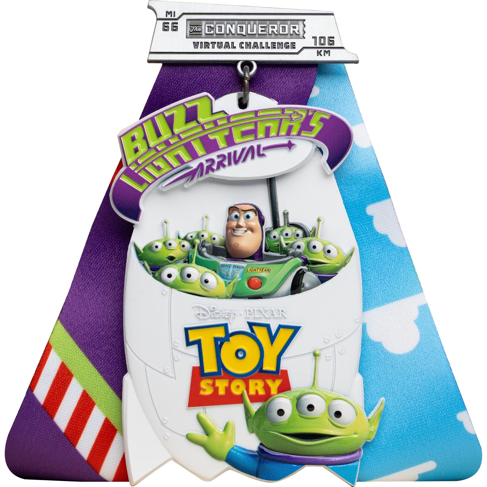 Buzz Lightyear Arrival Challenge medal with spaceship and bedroom artwork