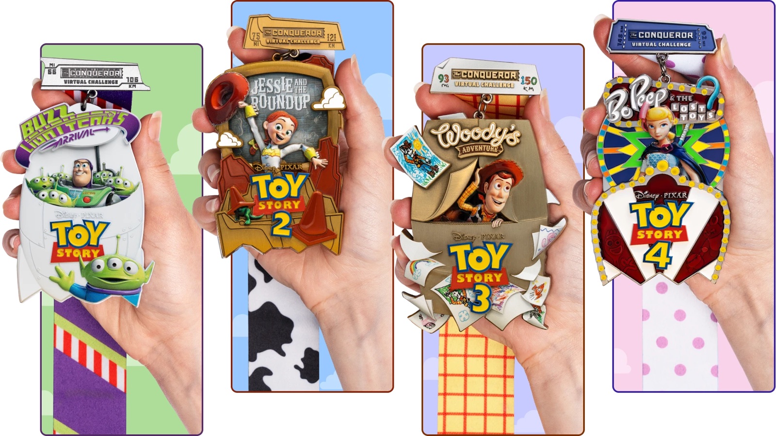 Four Toy Story character medals for The Conqueror virtual fitness challenges