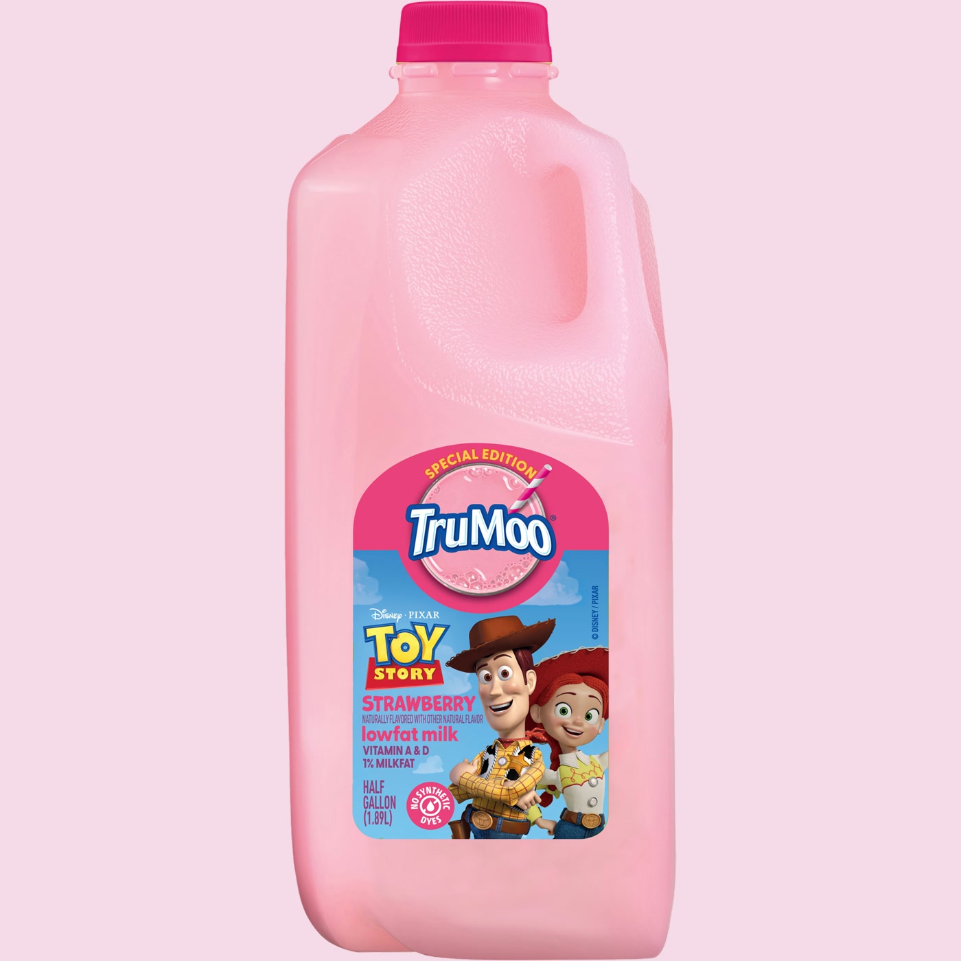 Pink half-gallon jug of TruMoo Toy Story Strawberry Milk featuring Woody and Jessie