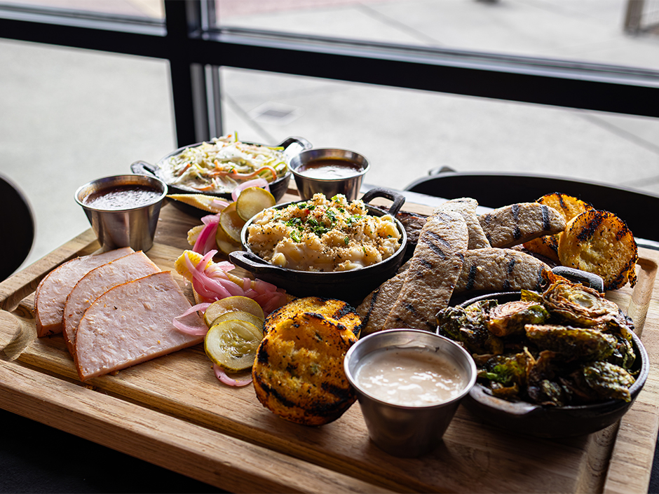 Red White and Q barbecue platter at NBC Sports Grill and Brew